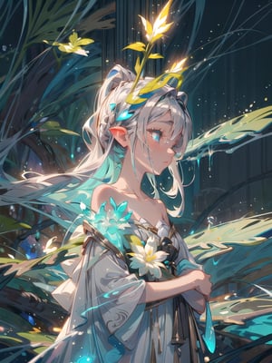 1 enchanting girl, fantasy world, cyan luminous eyes, long silver starry hair, magical gown, bioluminescent flora. luminos firefly aura, tranquil waterfall, close-up upper body, side-view shot
