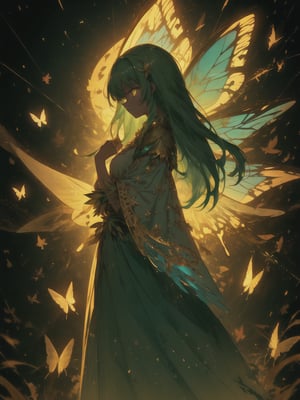 1 fairy girl, ornamented long green hair, bright golden eyes, green leaf style clothes with golden filigree decoration, glittering cosmo style butterfly wings, minimalistic background, r1ge, close-up, center position,	 SILHOUETTE LIGHT PARTICLES