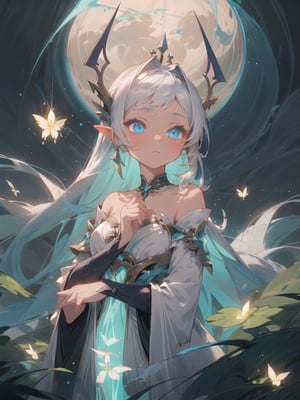 1 enchanting girl, fantasy world, cyan Luminous eyes, long silver starry hair, magical gown. Twin moons, ethereal creatures::1,2, glowing flora. Firefly aura, tranquil waterfall, close-up upper body
