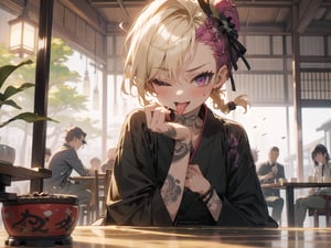 (1 yakuza girl::1.3, short blonde cornrow braids with shaved sides::1.2, bright magenta eyes, punk old style clothes, yakuza tattoos style, crazy character, child behavior, drunk mood, tongue out, one eye closed), drinking sake, sitting down, (inisde small japanese restaurant location, small wooden tables and chair, noodles soup on table, small bonsai decoration) night time, masterpiece, insane quality, detailed enviroment location, detailed shadows effect, close-up upper body, yakuza people in background, party enviroment