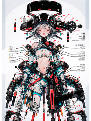 (1 human-android girl, closed eyes, short silver hair), extremely detailed diagram of the body, very complexed body, top secret project style, red lines and written, white background, close-up upper body, title:("Model. V-300")