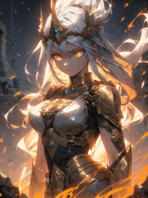 (1 valkyrie warrior girl, solo, long delicated silver hair, bright golden eyes, stunning detailed white armature with golden filigree decoration, impressive strong, proud look, looking straight), walking straight, abandoned destroyed greek temple location, earthquake effect, debri rocks floating, r1ge, close-up upper body