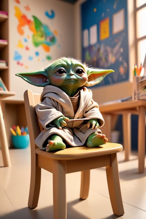 Portrait, Baby Yoda as a student,  happy mood, sitting on a wooden chair, doing homework, kid classroom location, star wars characters as kid background, star wars world, kid painting on wall, colourful design