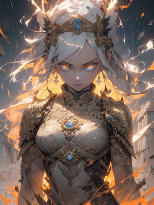 (1 valkyrie warrior girl, solo, long delicated silver hair, bright golden eyes, stunning detailed white armature with golden filigree decoration, impressive strong, proud look, looking straight), walking straight, abandoned destroyed greek temple location, earthquake effect, debri rocks floating, r1ge, close-up upper body