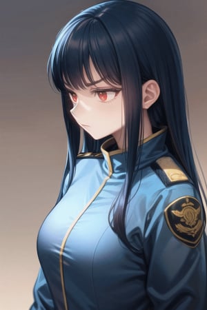 (fantasy magic world enviroment), (1 captain soldier girl, long blue hair, red eyes, blue detailed uniform, blue coat, taking a walk), interior military base location, serious expression, masterpiece quality, detailed shadows, detailed light effect, side view shot, close-up