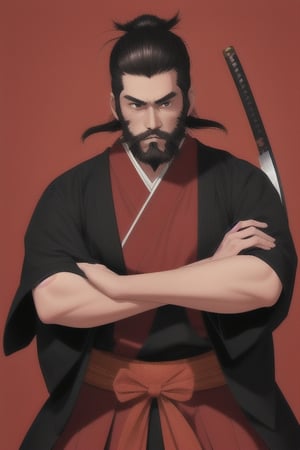 adult man with 25 year with beard
has traditional samurai clothes in red and black
he uses a katana and dont have the left hand, instead he have a hidden blade on the left forearm