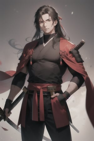 man with 25 years with a big glowing black katana sword samurai
 with ancient japanese red robe samurai
long hair. samurai mask