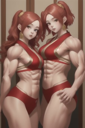 two babies 2 years old twin girls with red hair and bodybuild in japanese hobe colored red and gold