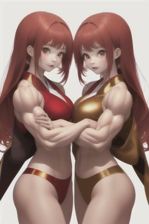 two babies 2 years old twin girls with red hair and bodybuild in japanese hobe colored red and gold