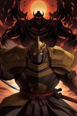 Describe an epic battle scene in feudal Japan, where an imposing samurai with golden hair and golden-brown armor. The skies are tinted with shades of orange and red as the sun sets, casting a dramatic light over the scene. The samurai wields his katana with muscular arms while his determined expression reflects his unwavering resolve. Around him, the enemies advance, dressed in dark armor and wielding an array of weapons. Conflict is imminent and tension fills the air, but the samurai remains unyielding, ready to face any challenge that stands before him
