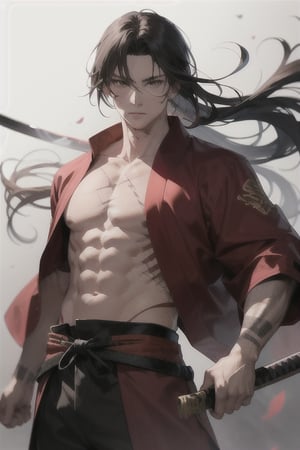 pretty man with 25 years with a big glowing black katana sword samurai
 with ancient japanese red robe samurai
long hair. 
many scars on body