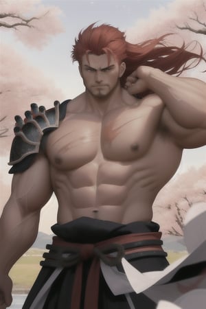A majestic red haired samurai stands tall against a backdrop of cherry blossom trees, their fiery locks ablaze under the soft, golden light of dawn. The imposing warrior's chest is open, revealing scars and a sea of rippling huge muscles beneath the armor. His piercing gaze, fueled by an unyielding ferocity, seems to bore into the soul. As he strikes a powerful double biceps pose, his massive physique appears chiseled from the very mountains themselves.