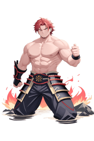 A majestic red haired with some gray hair for the age of 40, samurai stands tall against a backdrop of cherry blossom trees, their fiery locks ablaze under the soft, golden light of dawn. The imposing warrior's chest is open, revealing scars and a sea of rippling huge muscles beneath the armor. His piercing gaze, fueled by an unyielding ferocity, seems to bore into the soul. As he strikes a powerful double biceps pose, his massive physique appears chiseled from the very mountains themselves.
