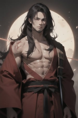 pretty man with 25 years with a big glowing black katana sword samurai
 with ancient japanese red robe samurai
long hair. 
many scars on body