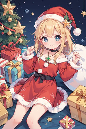 christmas_ornaments, christmas_tree, star_(symbol), star_hair_ornament, star_print, starfish, 1girl, christmas, saint_quartz_(fate), santa_hat, star_necklace, hat, star_earrings, star_pasties, starry_background, red_headwear, fur-trimmed_headwear, fur_trim, santa_costume, solo, merry_christmas, looking_at_viewer, ornament, star_choker, hat_ornament, blush, star_hat_ornament, smile, photo_(medium), sack, long_hair, star-shaped_pupils, closed_mouth, lying, holding_sack, gift, hammer_and_sickle, snowflakes, long_sleeves, star_in_eye, box, santa_dress, shikigami, shell, hair_ornament, blue_eyes, fur_hat, pom_pom_(clothes), gift_box, christmas_lights,Cute girl