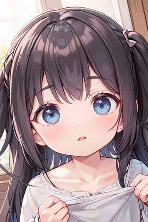 1girl, solo, collarbone, long_hair, black_hair, blush, looking_at_viewer, parted_lips, blue_eyes, shirt, two_side_up, holding, long_sleeves, upper_body,masterpiece