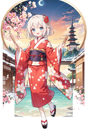 japanese_clothes, star_(sky), kimono, 1girl, starry_sky, sky, floral_print, solo, wide_sleeves, red_kimono, cloud, fur_trim, hair_ornament, open_mouth, flower, short_hair, holding, sash, blue_eyes, obi, looking_at_viewer, smile, hair_flower, print_kimono, full_body, standing, night_sky, fur_collar, new_year, moon,