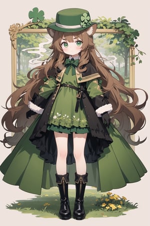 St. Patrick's Day, celts, Clover, formal hat, 1girl, long_hair, hat, green_eyes, dress, boots, standing, very_long_hair, wavy_hair, solo, flower, green_dress, looking_at_viewer, full_body, coat, animal_ears, bow, holding, long_sleeves, grass, blush, black_footwear, green_bow, curly_hair, gloves, plant, frills, big_hair, messy_hair, clover, brown_hair, animal, closed_mouth, smoke, fruit, black_dress, black_gloves, thick_eyebrows