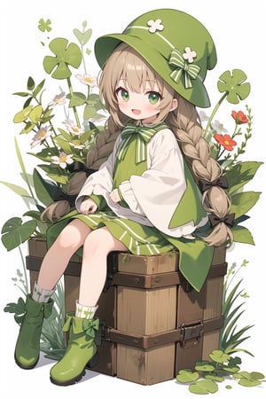 St. Patrick's Day, celts, Clover, formal hat, 1girl, green_eyes, green_footwear, braid, brown_hair, long_hair, hat, solo, long_sleeves, bow, open_mouth, smile, striped, blush, :d, green_bow, vertical_stripes, twin_braids, striped_background, full_body, flower, dress, sitting, very_long_hair, leaf, looking_at_viewer, green_headwear, green_legwear, socks, sleeves_past_wrists, shoes, diagonal_stripes, plant, boots, wide_sleeves, swept_bangs, green_dress, animal_hat, vines, puffy_long_sleeves, white_dress, hair_bow, shirt, white_legwear