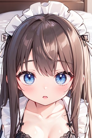 1girl, maid_headdress, maid, long_hair, collarbone, looking_at_viewer, bra, solo, underwear, black_bra, blush, blue_eyes, brown_hair, breasts, frills, parted_lips, enmaided, open_mouth,