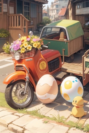 flower, outdoors, day, no humans, ground vehicle, scenery, motor vehicle, ball, egg