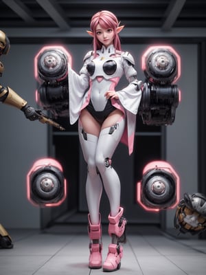 ((full body, standing):1.5), {((Princess Zelda))}, {((wearing white mecha costume with extremely short and tight black body parts)), ((extremely giant and firm breasts)) , ((very short pink hair, blue eyes)), ((looking at the viewer, maniacal smile, doing erotic pose)), ((in a mechanical temple, full of giant robots, broken robots, rusty robots)) }, 16k, high quality, high detail, UHD,