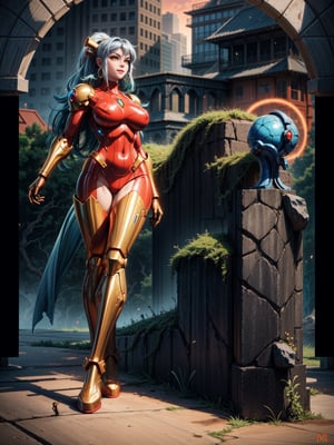 Just a beautiful woman, wearing mecha costume+medieval armor+black Samus Aran costume with golden metallic parts, absurdly giant breasts, blue hair, extremely short hair, hair with bangs in front of the eyes, helmet on the head, looking at the viewer, (((erotic pose interacting and leaning on something))), in a city, vehicles, machines, monsters, large structures, beautiful landscape background with sunset, ((full body):1.5) ,((Super Metroid)), 16k, UHD, best possible quality, ((ultra detailed):1), best possible resolution, Unreal Engine 5, professional photography, perfect_hands