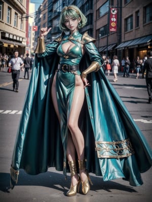 {((1woman))}, {only she is (((black modern medieval armor with small golden parts extremely small and tight on the body, medieval sword in the sheath fastened at the waist)), only she has ((giant breasts)), (((very short green hair, blue eyes)), ((staring at the viewer, smiling, expression of desire)), ((fighting pose)}, {((in city of King Arthur's time, with multiple people,  product sales fair))}, ((full body):1.3), 16k, best quality, best resolution, best sharpness,