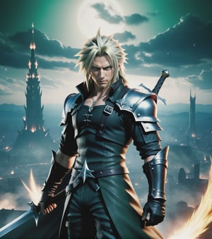 ((Masterpiece in 8K resolution, art style inspired by Final Fantasy 7, dramatic lighting and mystical atmosphere, detailed textures and an epic environment.)) | The game's cover features Cloud Strife in the center, standing, holding his Buster Sword in one hand, with magical flames glowing below. The background shows the futuristic city of Midgar, with tall buildings and Mako reactors lighting up the night sky. | In the background, the iconic enemy Sephiroth appears subtly, with his sword Masamune and black wings spread, looking down with piercing green eyes. Magical and energetic effects create an air of imminent battle. | Dynamic composition with Cloud in a powerful, centralized pose, contrasting with Sephiroth's sinister appearance. The camera angle captures the determination in his eyes and the grandeur of the scene. | Dramatic lighting effects and deep shadows highlight the detailed textures of the characters and create an interesting contrast with the urban-fantasy environment. | An epic and emotional cover that represents the essence of Final Fantasy 7, with Cloud Strife as the central focus and the game's iconic elements. | ((perfect_composition, perfect_design, perfect_layout, perfect_detail), (ultra_detailed, More Detail, Enhance))