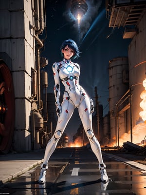 A woman, wearing white heroin costume + iron man costume, all black with white parts, tight and tight costume, monstrously giant breasts, blue hair, short hair, mohawk hair, looking at the viewer,(((pose interacting and leaning [on a structure|on something|on an object]))), in a nuclear power plant with toxic waste leaking, machines, pollution in every environment, is at night, many explosions, ((full body):1.5), 16k, UHD, best possible quality, ultra detailed, best possible resolution, Unreal Engine 5, professional photography, well-detailed fingers, well-detailed hand, perfect_hands