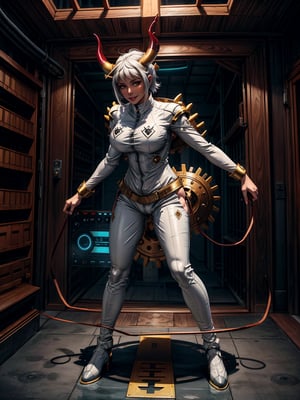 Just one woman, wearing white wick costume + golden armor, extremely tight and short, gigantic breasts, short hair, hair with bangs in front of her eyes, hat on her head, horns on her head, staring at the viewer, (((erotic pose interacting and leaning on something))), inside a giant robot with computers, control panel, machines, gears, visor showing a giant monster in a city, ((full body):1.5), 16k, UHD, best possible quality, ((ultra detailed):1.2), best possible resolution, Unreal Engine 5, professional photography, (((perfect_hands))), YamatoOP