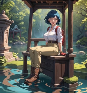 A fantasy-adventure masterpiece, rendered in ultra-detailed 8K with vibrant, realistic details. | Lara, a young 23-year-old woman, is dressed in an adventurer outfit consisting of a beige shirt, brown pants, leather boots, gloves, a belt with pockets and a backpack. Her ((short blue hair)) is styled in a stylish modern cut, with light effects shining on it. ((She has golden eyes, looking at the viewer while smiling and showing her teeth, wearing red lipstick)). It is located in an ancient temple submerged in water, with rock and wooden structures carved with ancient emblems. The altars and sculptures add to the beauty and mystery of the place. The sunlight penetrating the water creates a dazzling effect, enhancing the majesty of the temple. | The image highlights Lara's athletic figure and the architectural elements of the ancient temple. The rock and wooden structures, together with the altars and sculptures, create a mystical and enchanting environment. The sunlight penetrating the water enhances the beauty and majesty of the temple. | Soft, glowing lighting effects create a magical, enchanting atmosphere, while detailed textures on clothing, hair, and structures add realism to the image. | A stunning scene of a young woman in an ancient temple submerged in water, exploring themes of fantasy, adventure and natural beauty. | (((The image reveals a full-body shot as Lara assumes a sensual pose, engagingly leaning against a structure within the scene in an exciting manner. She takes on a sensual pose as she interacts, boldly leaning on a structure, leaning back and boldly throwing herself onto the structure, reclining back in an exhilarating way.))). | ((((full-body shot)))), ((perfect pose)), ((perfect arms):1.2), ((perfect limbs, perfect fingers, better hands, perfect hands, hands)), ((perfect legs, perfect feet):1.2), ((huge breasts)), ((perfect design)), ((perfect composition)), ((very detailed scene, very detailed background, perfect layout, correct imperfections)), Enhance, Ultra details++, More Detail, poakl