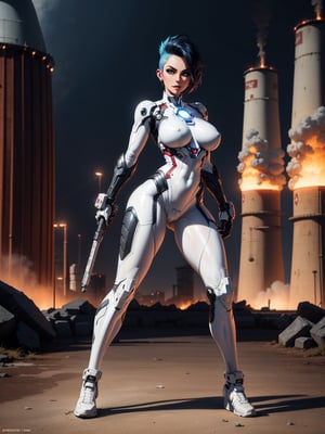 A woman, wearing white heroin costume + iron man costume, all black with white parts, tight and tight costume, monstrously giant breasts, blue hair, short hair, mohawk hair, looking at the viewer,(((pose interacting and leaning [on a structure|on something|on an object]))), in a nuclear power plant with toxic waste leaking, machines, pollution in every environment, is at night, many explosions, ((full body):1.5), 16k, UHD, best possible quality, ultra detailed, best possible resolution, Unreal Engine 5, professional photography, well-detailed fingers, well-detailed hand, perfect_hands