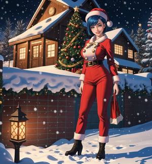 A fantasy, Christmas, horror and macabre masterpiece, rendered in ultra-detailed 8K with realistic and vibrant details. | Noelle, a young 23-year-old woman, is dressed in a Santa Claus costume consisting of a red coat with white details, red pants, black boots and a Santa hat. Her (her (short blue hair)) is styled in a modern and stylish cut, with light effects shining on it. She has ((golden eyes, looking at the viewer while smiling and showing her teeth)), wearing red lipstick. It is located in front of a house made of bricks, at night, during a heavy snowfall. The wooden and brick structures, Christmas tree and gift bag add to the festive and magical atmosphere of the place. The gently falling snow creates an enchanting effect, enhancing the beauty of the scene. | The image highlights Noelle's attractive figure and the architectural elements of the brick house. The wooden and brick structures, together with the Christmas tree and bag of gifts, create a magical and enchanting environment. The gently falling snow enhances the beauty and festive atmosphere of the scene. | Soft, glowing lighting effects create a magical, enchanting atmosphere, while detailed textures on clothing, hair, and structures add realism to the image. | A stunning scene of a young woman dressed as Santa Claus in front of a brick house during a heavy snowfall, exploring themes of fantasy, Christmas, horror and the macabre. | (((The image reveals a full-body shot as Noelle assumes a sensual pose, engagingly leaning against a structure within the scene in an exciting manner. She takes on a sensual pose as she interacts, boldly leaning on a structure, leaning back and boldly throwing herself onto the structure, reclining back in an exhilarating way.))). | ((((full-body shot)))), ((perfect pose)), ((perfect arms):1.2), ((perfect limbs, perfect fingers, better hands, perfect hands, hands)), ((perfect legs, perfect feet):1.2), ((huge breasts)), ((perfect design)), ((perfect composition)), ((very detailed scene, very detailed background, perfect layout, correct imperfections)), Enhance, Ultra details++, More Detail, poakl