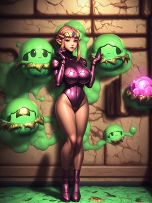 ((full body):1.5), {((Princess Zelda))}, is wearing {((wearing Samus Aran's costume))}, {(((she has very short pink hair, green eyes))), she has ((extremely gigantic breasts))}, she is looking at the viewer, {((feather squeezing))}, ((she is doing erotic poses))}, {Background: (((in an alien dungeon with several slimes on the floor and walls)))}, ((Super Metroid):1.2), 16k, high quality, high detail, UHD,
