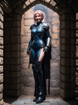 ((full body, standing):1.5), {((Samus Aran))}, {((wearing medieval bronze armor with alien-style black parts)), ((extremely gigantic and firm breasts)), (( very short pink hair, blue eyes)), ((looking at the viewer, maniacal smile, making erotic pose)), ((in an alien medieval castle, alien knights in armor, alien knights with malevolent face))}, Super Metroid, 16k, high quality, high detail, UHD,sks woman