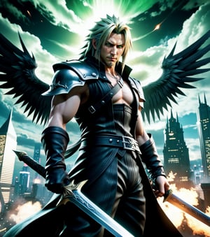 ((Masterpiece in 8K resolution, art style inspired by Final Fantasy 7, dramatic lighting and mystical atmosphere, detailed textures and an epic environment.)) | The game's cover features Cloud Strife in the center, standing, holding his Buster Sword in one hand, with magical flames glowing below. The background shows the futuristic city of Midgar, with tall buildings and Mako reactors lighting up the night sky. | In the background, the iconic enemy Sephiroth appears subtly, with his sword Masamune and black wings spread, looking down with piercing green eyes. Magical and energetic effects create an air of imminent battle. | Dynamic composition with Cloud in a powerful, centralized pose, contrasting with Sephiroth's sinister appearance. The camera angle captures the determination in his eyes and the grandeur of the scene. | Dramatic lighting effects and deep shadows highlight the detailed textures of the characters and create an interesting contrast with the urban-fantasy environment. | An epic and emotional cover that represents the essence of Final Fantasy 7, with Cloud Strife as the central focus and the game's iconic elements. | ((perfect_composition, perfect_design, perfect_layout, perfect_detail), (ultra_detailed, More Detail, Enhance))