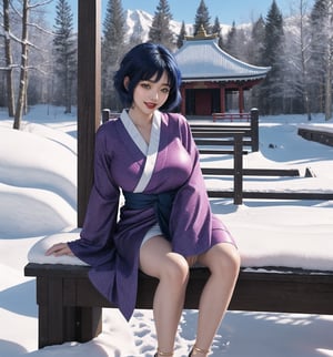 A fantasy-adventure masterpiece, rendered in ultra-detailed 8K with vibrant, realistic details. | Yumi, a young 23-year-old woman, is dressed in a traditional purple Japanese kimono, with a black obi tied around her waist. Her short ((blue hair)) is styled in a modern and stylish cut, with light effects shining on it. ((She has golden eyes, looking at the viewer while smiling and showing her teeth, wearing red lipstick)). It is located in an ancient temple in the snowy mountains, with rock and wooden structures covered in snow. The ice-covered sculptures and bench add to the beauty and mystery of the place. The sunlight shining on the snow creates a dazzling effect, highlighting the majesty of the mountains. | The image highlights Yumi's elegant figure and the architectural elements of the ancient temple. The rock and wooden structures, along with the ice-covered sculptures and bench, create a mystical and enchanting environment. The sunlight shining on the snow highlights the beauty and majesty of the mountains. | Soft, glowing lighting effects create a magical, enchanting atmosphere, while detailed textures on clothing, hair, and structures add realism to the image. | A stunning scene of a young woman in an ancient temple in the snowy mountains, exploring themes of fantasy, adventure and natural beauty. | (((The image reveals a full-body shot as Yumi assumes a sensual pose, engagingly leaning against a structure within the scene in an exciting manner. She takes on a sensual pose as she interacts, boldly leaning on a structure, leaning back and boldly throwing herself onto the structure, reclining back in an exhilarating way.))). | ((((full-body shot)))), ((perfect pose)), ((perfect arms):1.2), ((perfect limbs, perfect fingers, better hands, perfect hands, hands)), ((perfect legs, perfect feet):1.2), ((huge breasts)), ((perfect design)), ((perfect composition)), ((very detailed scene, very detailed background, perfect layout, correct imperfections)), Enhance, Ultra details++, More Detail, poakl