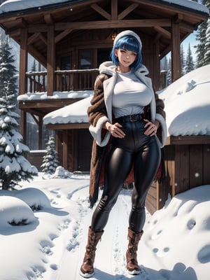 A hunting woman, wearing a wolf's fur coat, white T-shirt, long black pants, brown leather boots, monstrously gigantic breasts, blue hair, short hair, hair with bangs in front of her eyes, looking at the viewer, hood on her head, (((erotic pose interacting and leaning [on something in the environment|on an object]))), in front of the entrance of a house all made of wood, with snow vehicle, machines, tools, mountain bottom with lots of snow, snowing hard, ((full body):1.5), 16k, UHD, best possible quality, ultra detailed, best possible resolution, Unreal Engine 5, professional photography, ((well-detailed fingers)),  ((well-detailed hand)), ((perfect_hands))