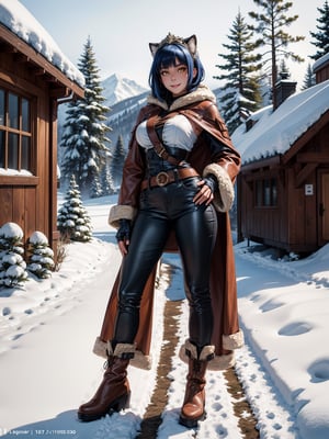 A hunting woman, wearing a wolf's fur coat, white T-shirt, long black pants, brown leather boots, monstrously gigantic breasts, blue hair, short hair, hair with bangs in front of her eyes, looking at the viewer, hood on her head, (((erotic pose interacting and leaning [on something in the environment|on an object]))), in front of the entrance of a house all made of wood, with snow vehicle, machines, tools, mountain bottom with lots of snow, snowing hard, ((full body):1.5), 16k, UHD, best possible quality, ultra detailed, best possible resolution, Unreal Engine 5, professional photography, ((well-detailed fingers)),  ((well-detailed hand)), ((perfect_hands))