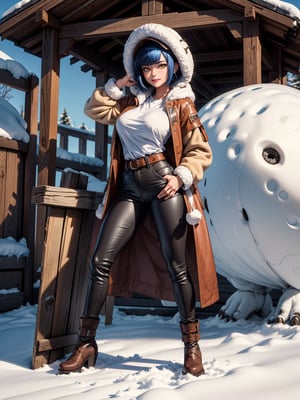 A hunting woman, wearing a wolf's fur coat, white T-shirt, long black pants, brown leather boots, monstrously gigantic breasts, blue hair, short hair, hair with bangs in front of her eyes, looking at the viewer, hood on her head, (((erotic pose interacting and leaning [on something in the environment|on an object]))), in front of the entrance of a house all made of wood, with snow vehicle, machines, tools, mountain bottom with lots of snow, snowing hard, ((full body):1.5), 16k, UHD, best possible quality, ultra detailed, best possible resolution, Unreal Engine 5, professional photography, ((well-detailed fingers)),  ((well-detailed hand)), ((perfect_hands))