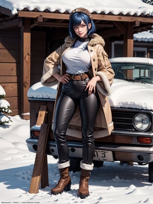 A hunting woman, wearing a wolf's fur coat, white T-shirt, long black pants, brown leather boots, monstrously gigantic breasts, blue hair, short hair, hair with bangs in front of her eyes, looking at the viewer, hood on her head, (((erotic pose interacting and leaning [on something in the environment|on an object]))), in front of the entrance of a house all made of wood, with snow vehicle, machines, tools, mountain bottom with lots of snow, snowing hard, ((full body):1.5), 16k, UHD, best possible quality, ultra detailed, best possible resolution, Unreal Engine 5, professional photography, ((well-detailed fingers)),  ((well-detailed hand)), ((perfect_hands))