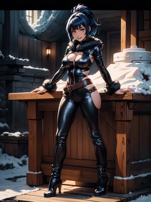 A woman, wearing a black bear fur coat, white T-shirt, black leather pants, brown leather boots, hood on her head, monstrously gigantic breasts, blue hair, short hair, hair with bangs in front of her eyes, hair with ponytail, looking at the viewer, ((((erotic pose interacting and leaning [on something in the environment|on an object]))), in a totally frozen cave with a house made of wood, with furniture, window, machines, cold wind, ((full body):1.5), 16k, UHD, best possible quality, ultra detailed, best possible resolution, Unreal Engine 5, professional photography, ((well-detailed fingers)), ((well-detailed hand)), ((perfect_hands))