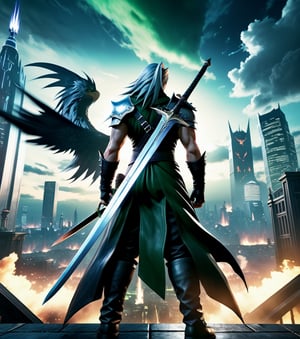 ((Masterpiece in 8K resolution, art style inspired by Final Fantasy 7, dramatic lighting and mystical atmosphere, detailed textures and an epic environment.)) | The game's cover features the protagonist, Cloud Strife, standing, holding his Buster Sword in one hand, with magical flames glowing below. The background shows the futuristic city of Midgar, with tall buildings and Mako reactors lighting up the night sky. | In the background, the iconic enemy Sephiroth appears, with his sword Masamune and black wings spread, looking down with piercing green eyes. Magical and energetic effects create an air of imminent battle. | Dynamic composition with Cloud in a powerful pose, contrasting with Sephiroth's sinister appearance. The camera angle captures the grandeur of the scene and the struggle between good and evil. | Dramatic lighting effects and deep shadows highlight the detailed textures of the characters and create an interesting contrast with the urban-fantasy environment. | An epic and emotional cover that represents the essence of Final Fantasy 7, with its memorable characters and immersive world. | ((perfect_composition, perfect_design, perfect_layout, perfect_detail), (ultra_detailed, More Detail, Enhance))