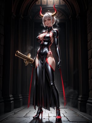 A woman, wearing black wick costume with parts in red+red metallic armor, gigantic breasts, white hair, very short hair, hair stuck, horns on the head, bangs in front of the eyes, looking at the viewer, (((erotic pose interacting and leaning on an object))), in an ancient tomb, with coffins, large altars, large structures, window showing the cemetery with mist and at night, ((full body):1.5). 16k, UHD, best possible quality, ((best possible detail):1), best possible resolution, Unreal Engine 5, professional photography, perfect_hands