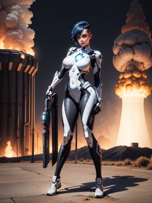 A woman, wearing white heroin costume + iron man costume, all black with white parts, tight and tight costume, monstrously giant breasts, blue hair, short hair, mohawk hair, looking at the viewer,(((pose interacting and leaning [on a structure|on something|on an object]))), in a nuclear power plant with toxic waste leaking, machines, pollution in every environment, is at night, many explosions, ((full body):1.5), 16k, UHD, best possible quality, ultra detailed, best possible resolution, Unreal Engine 5, professional photography, well-detailed fingers, well-detailed hand, perfect_hands