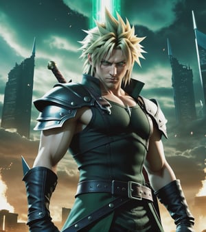 ((Masterpiece in 8K resolution, art style inspired by Final Fantasy 7, dramatic lighting and mystical atmosphere, detailed textures and an epic environment, suitable for PS3 game cover.)) | The game's cover features Cloud Strife in the center, standing, holding his Buster Sword in one hand, with magical flames glowing below. The background shows the futuristic city of Midgar, with tall buildings and Mako reactors lighting up the night sky. Final Fantasy 7 game logo and PS3 icons are positioned in a balanced way in the composition. | In the background, the iconic enemy Sephiroth appears subtly, with his sword Masamune and black wings spread, looking down with piercing green eyes. Magical and energetic effects create an air of imminent battle. | Dynamic composition with Cloud in a powerful, centralized pose, contrasting with Sephiroth's sinister appearance. The camera angle captures the determination in his eyes and the grandeur of the scene. | Dramatic lighting effects and deep shadows highlight the detailed textures of the characters and create an interesting contrast with the urban-fantasy environment. | An epic and emotional cover that represents the essence of Final Fantasy 7, with Cloud Strife as the central focus and the game's iconic elements, suitable for the PS3 version. | (((((full-body portrait))))), ((perfect_pose, perfect_anatomy, perfect_body)), ((perfect_fingers, perfect_hands, better_hands)), ((perfect_composition, perfect_design, perfect_layout, perfect_detail), (ultra_detailed, More Detail, Enhance))