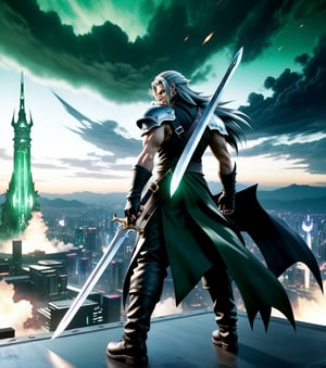 ((Masterpiece in 8K resolution, art style inspired by Final Fantasy 7, dramatic lighting and mystical atmosphere, detailed textures and an epic environment.)) | The game's cover features the protagonist, Cloud Strife, standing, holding his Buster Sword in one hand, with magical flames glowing below. The background shows the futuristic city of Midgar, with tall buildings and Mako reactors lighting up the night sky. | In the background, the iconic enemy Sephiroth appears, with his sword Masamune and black wings spread, looking down with piercing green eyes. Magical and energetic effects create an air of imminent battle. | Dynamic composition with Cloud in a powerful pose, contrasting with Sephiroth's sinister appearance. The camera angle captures the grandeur of the scene and the struggle between good and evil. | Dramatic lighting effects and deep shadows highlight the detailed textures of the characters and create an interesting contrast with the urban-fantasy environment. | An epic and emotional cover that represents the essence of Final Fantasy 7, with its memorable characters and immersive world. | ((perfect_composition, perfect_design, perfect_layout, perfect_detail), (ultra_detailed, More Detail, Enhance))