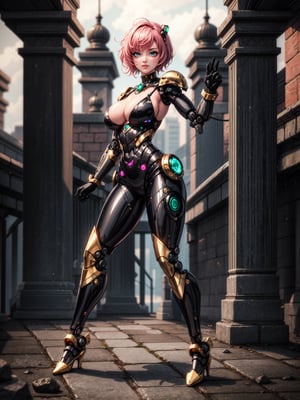 {((1woman))}, only she is {((worn black cybernetic armor with gold parts, extremely tight and short on the body)), only she has ((very short pink hair, green eyes)), ((very large breasts)), ((fighting pose)), only she is smiling and staring at the viewer, ((she is in a macabre temple, made of metal and stone, several robot guards, stone robots, various equipment futurists, bright light))}, ((full body):1.5), 16k, best quality, best resolution, best sharpness