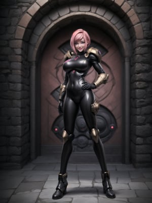 ((full body, standing):1.5), {((Samus Aran))}, {((wearing medieval bronze armor with alien-style black parts)), ((extremely gigantic and firm breasts)), (( very short pink hair, blue eyes)), ((looking at the viewer, maniacal smile, making erotic pose)), ((in an alien medieval castle, alien knights in armor, alien knights with malevolent face))}, Super Metroid, 16k, high quality, high detail, UHD,sks woman